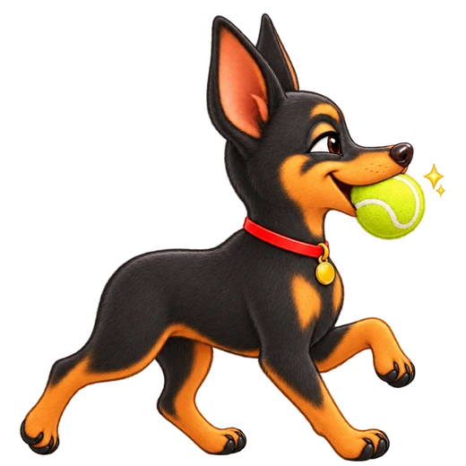 Rocko the miniature pinscher carrying a toy